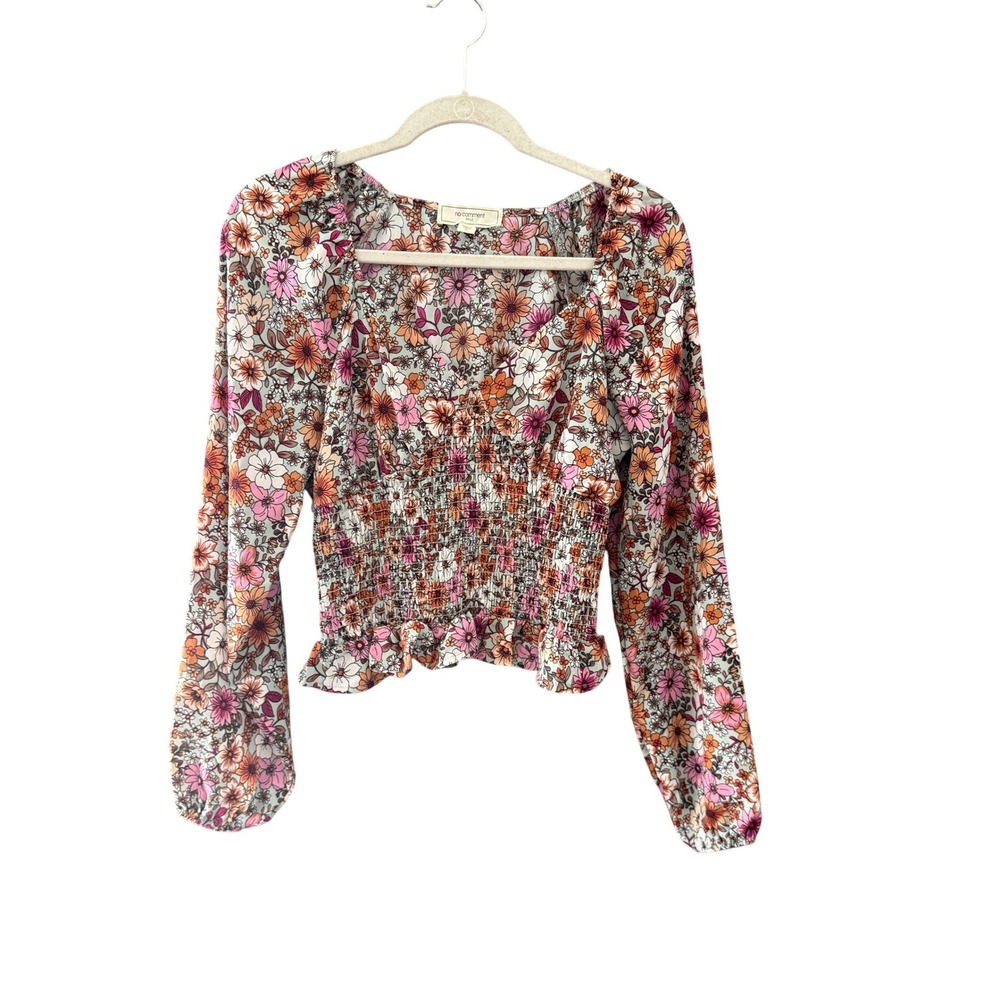 No Comment NY-LA Floral Smocked Peplum Blouse Long‎ Sleeve Sweetheart Top Large